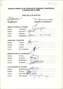 Attendance register for the Meeting of the Negotiation Council