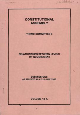 Levels of Government: Submissions as received as at 20 June 1995: vol. 18-A