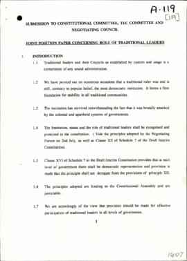 Cape, OFS and Transvaal Traditional Leaders – Joint Position Paper Concerning Role of Traditional...