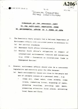 Democratic Party – Submission on environmental affairs as a power of SPRs