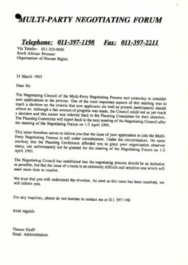 Letter to SA Prisoner org of human rights: Dt T Eloff