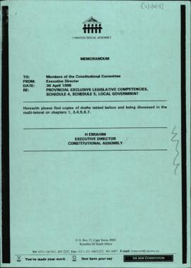 Memorandum re Provincial Exclusive Legislative Competencies, Schedule 4, Schedule 5, Local Govern...