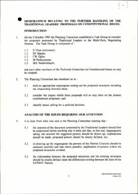 Memorandum relating to the further handling of the traditional leaders’ proposal on constitutiona...