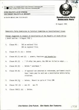 Democratic Party – Changes Suggested in Respect of Constitution of the Republic of South Africa