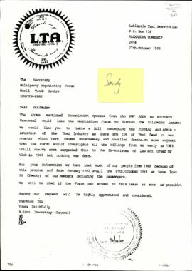 Letter from Lehlabile Taxi Association requestion for discussion of the administration of the Tax...