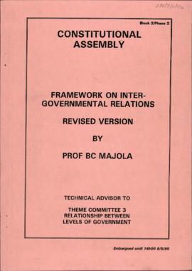 Framework on Intergovernmental Relations. Revised version by Prof. BC Majola