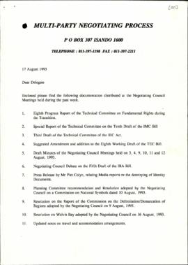 Letters to members of the Negotiating council: 17 Aug. 93, 20 Aug. 93, 21 Sept, 1 Oct, 18 Oct.