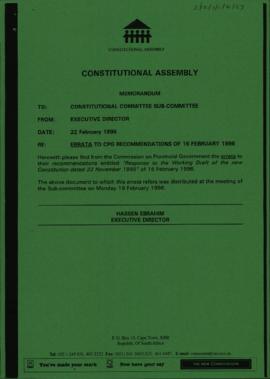 Constitutional Committee Sub-Committee: Errata to Commission on Provincial Government. Recommenda...