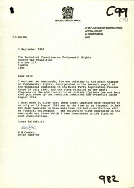 MM Corbett, Chief Justice of SA, Appeal Court – Two Memoranda (1) On the Draft Interim Bill of Ri...