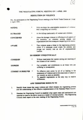 Negotiating forum meeting of the 1 April 1993: resolution on violence