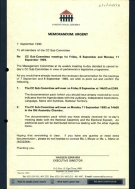 Constitutional Committee Sub-Committee meetings on Friday, 8 September and Monday, 11 September 1995