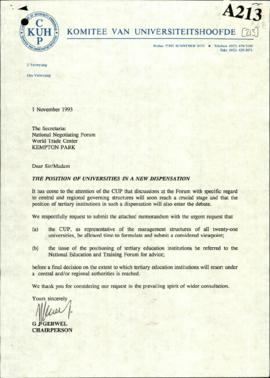 Komitee van Universiteitshoofde – The position of Universities in a new dispensation