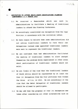 Invitation to attend multi-party negotiations planning conference 5 and 6 March 1993: Cape delega...