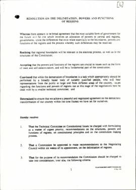 Resolution on the Delimitation. Powers and Functions of Regions