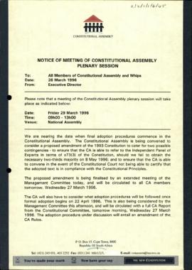 All members of Constitutional Assembly and Whips: Notice of Meeting of Constitutional Assembly Pl...