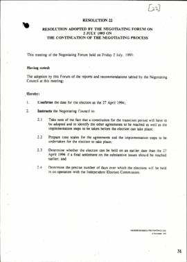 Resolution adopted by the negotiating forum on 2 July 1993 on the continuation of the negotiation...