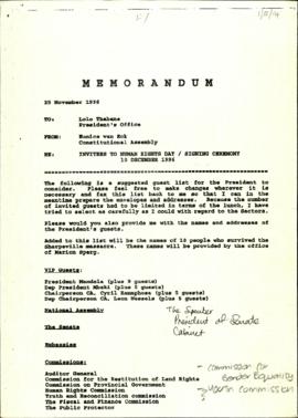 Memorandum: Invitees to Human Rights Day/ Signing Ceremony: 10 December 1996