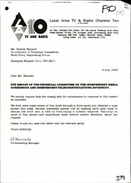 Local Area TV & Radio Channel Ten – Request for extended deadline for comments on IBA Bill