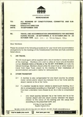 Memorandum re: Travel and Accommodation Arrangements for Meeting during Recess
