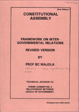 Framework on Intergovernmental Relations. Revised version by Prof. BC Majola