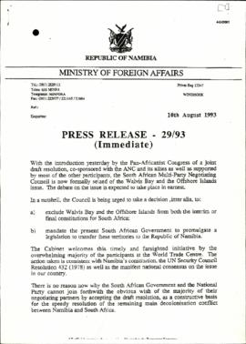 Ministry of foreign Affairs: Press release on Walvis Bay