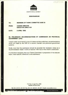 Memorandum: Preliminary recommendations by Commision on Provincial Government