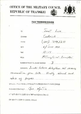 Fax from the Office of the Military Council of Transkei