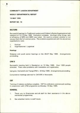 Community Liaison Department: Weekly Department Report; Report 14
