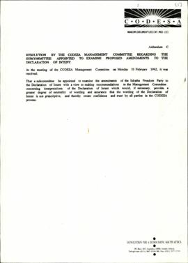 Addendum C: Resolution by the CODESA Management Committee regarding the Sub-Committee appointed t...