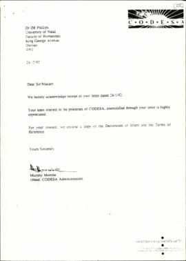 Correspondence between Dr IM Phillips of the University of Natal and Murphy Morobe re: CODESA Doc...