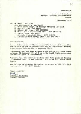 Letter sent to members of Protocol Sub-Committee, giving notification of next meeting and forming...
