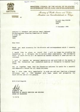 Copy of letter from Minister of Health Services and Welfare (received by us on the 07 January 199...