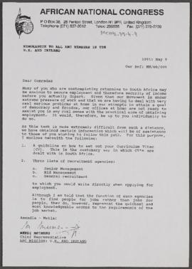 Memorandum to all ANC Members in the U.K. and Ireland [and related documents]