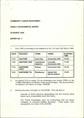 Community Liaison Department: Weekly Department Report; Report 7