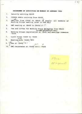 A document entitled programme of activities on Monday with Handwritten copy