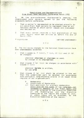 Resolutions and recommendations from Black Sash National Conference March 1992 signed by Barbara ...