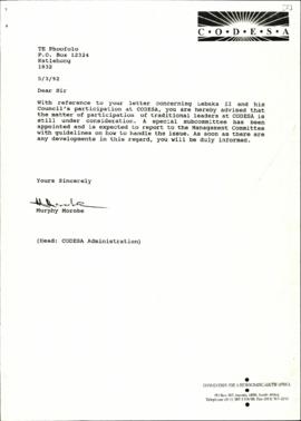 TE Phoofolo from the Batlokwa Tribe (attached is a letter of application from the Tribe to partic...