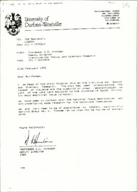 Correspondence between Prof DC Hindson of University of Durban-Westville and Murphy Morobe re: Qu...