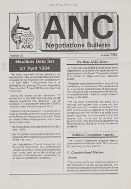 ANC Negotiations Bulletin Number 27: Elections Date Set 27 April 1994