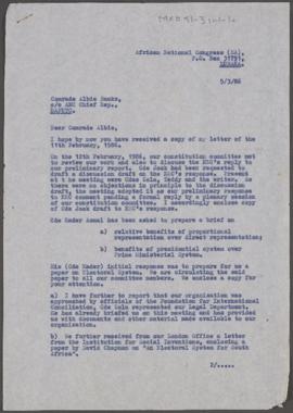 Letter to Albie from ANC Secretary of the Constitution Committee with attached Minutes