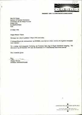 Copy of reply letter from Murphy Morobe to HJ Viljoen of the University of Orange Free State re: ...