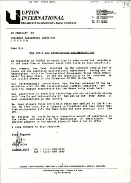 Letter from Upton International to the Chairman of the Management Committee re: New Media and Bro...