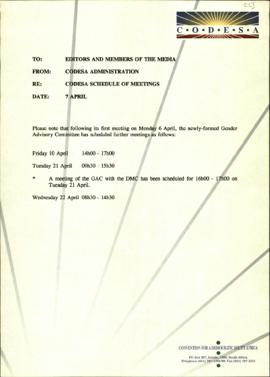 Fax dated to Editors and Members of the Media re: Schedule of Gender Advisory Meetings