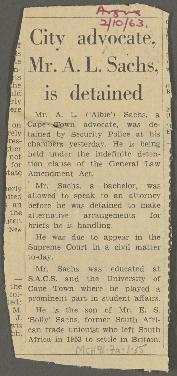 City advocate, Mr. A. L. Sachs, is detained [and related documents]