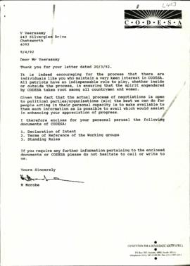 Copy of reply letter from Murphy Morobe to Mr Veerasamy re: Response to his letter dated 20 March...