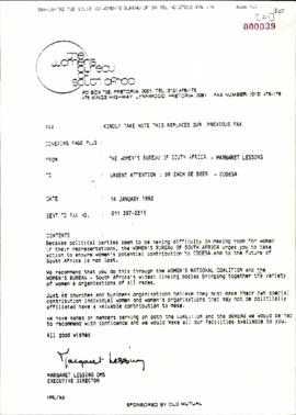 Letter from the Women’s Bureau of South Africa to Zac de Beer