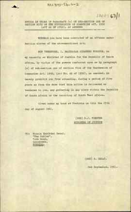 Notice in Terms of Paragraph (e) of Sub-Section One of Section Five of the Suppression of Communi...