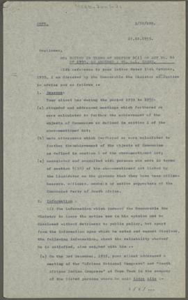 Re: Notice in Terms of Section 9(1) of Act No. 44 of 1950, As Amended: Mr. A.L. Sachs