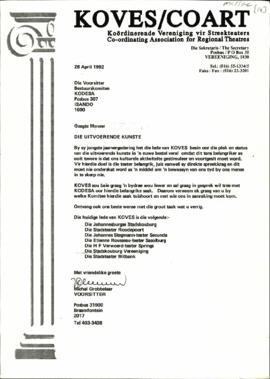 Letter from Koves and Coart re: Die Uitvoerende Kunste (The Progressing Art).