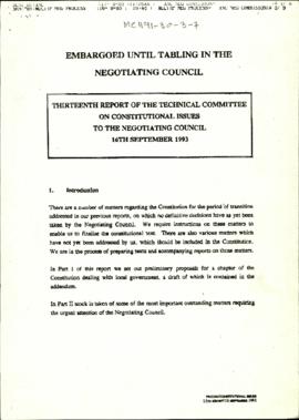 Thirteenth Report of the Technical Committee on Constitutional Issues to the Negotiating Council ...